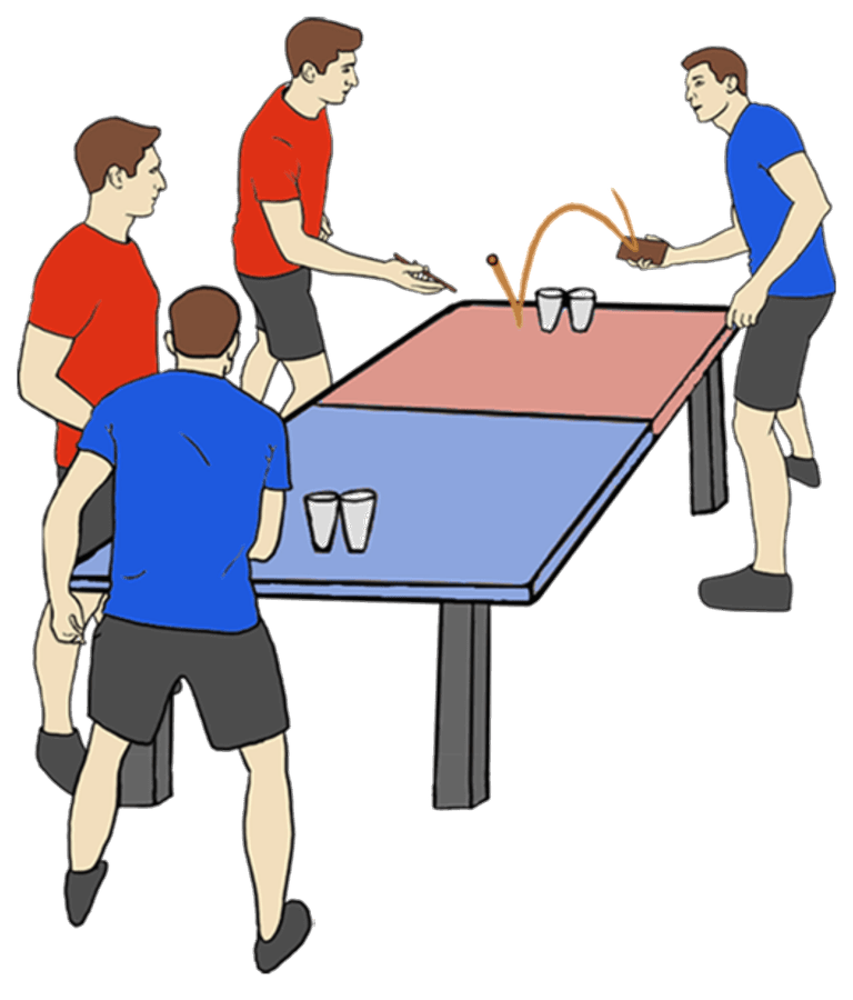 The red team keeps the ball in play: their setter lobs the ball back across the table toward their attacker, continuing the rally.