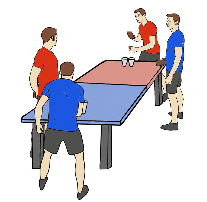 The red team's setter prepares to serve while their attacker stands as a LEIS Post; the blue team's setter waits to receive.