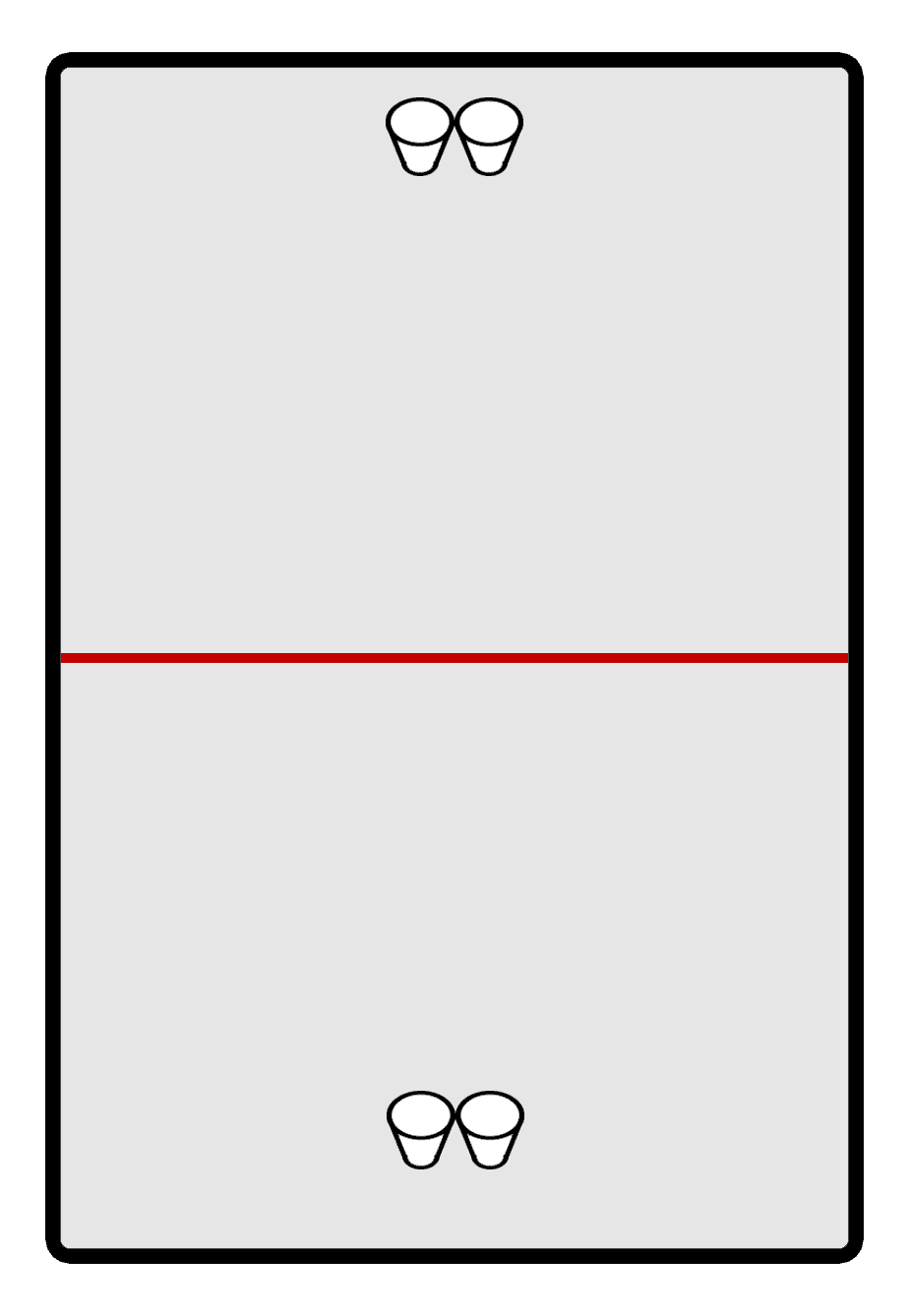 Top-down diagram of a Leis table: a red center line across the middle, with two cups touching side by side at each short end.