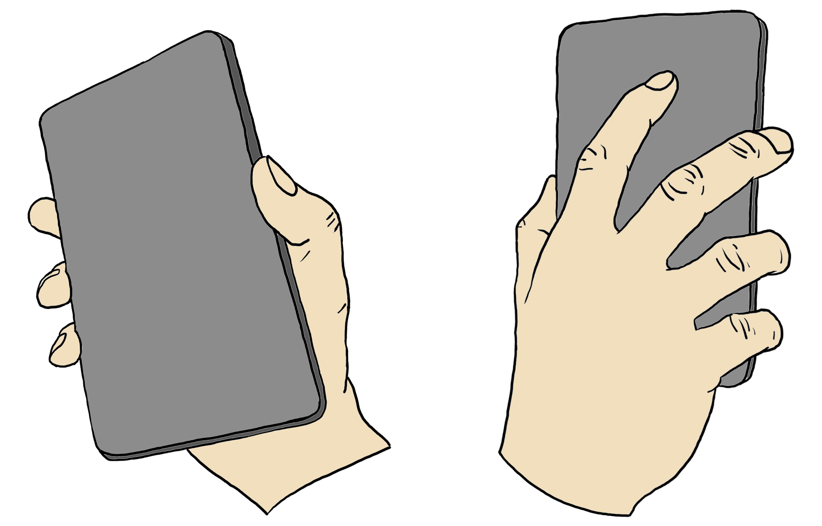 The palm grip shown from two angles: a paddle held flat against the palm with the pinky, ring, and middle fingers along one edge and the thumb bracing the other.