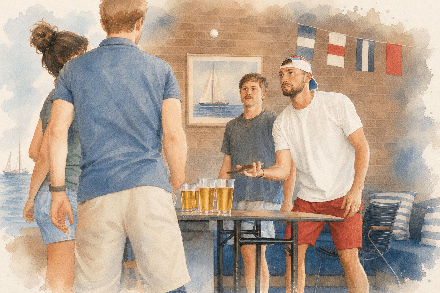 A watercolor of four players mid-rally on a dockside table — glass pints lined up, signal flags strung on the brick wall behind, a sailboat on the water beyond.